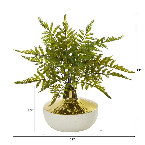14" Fern Artificial Plant in Gold and Cream Elegant Vase