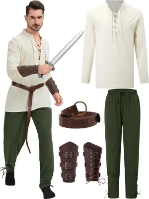 5 Pcs Men's Renaissance Costume Viking Costume Medieval Pirate Vintage Shirt Ankle Banded Pants Accessories Set