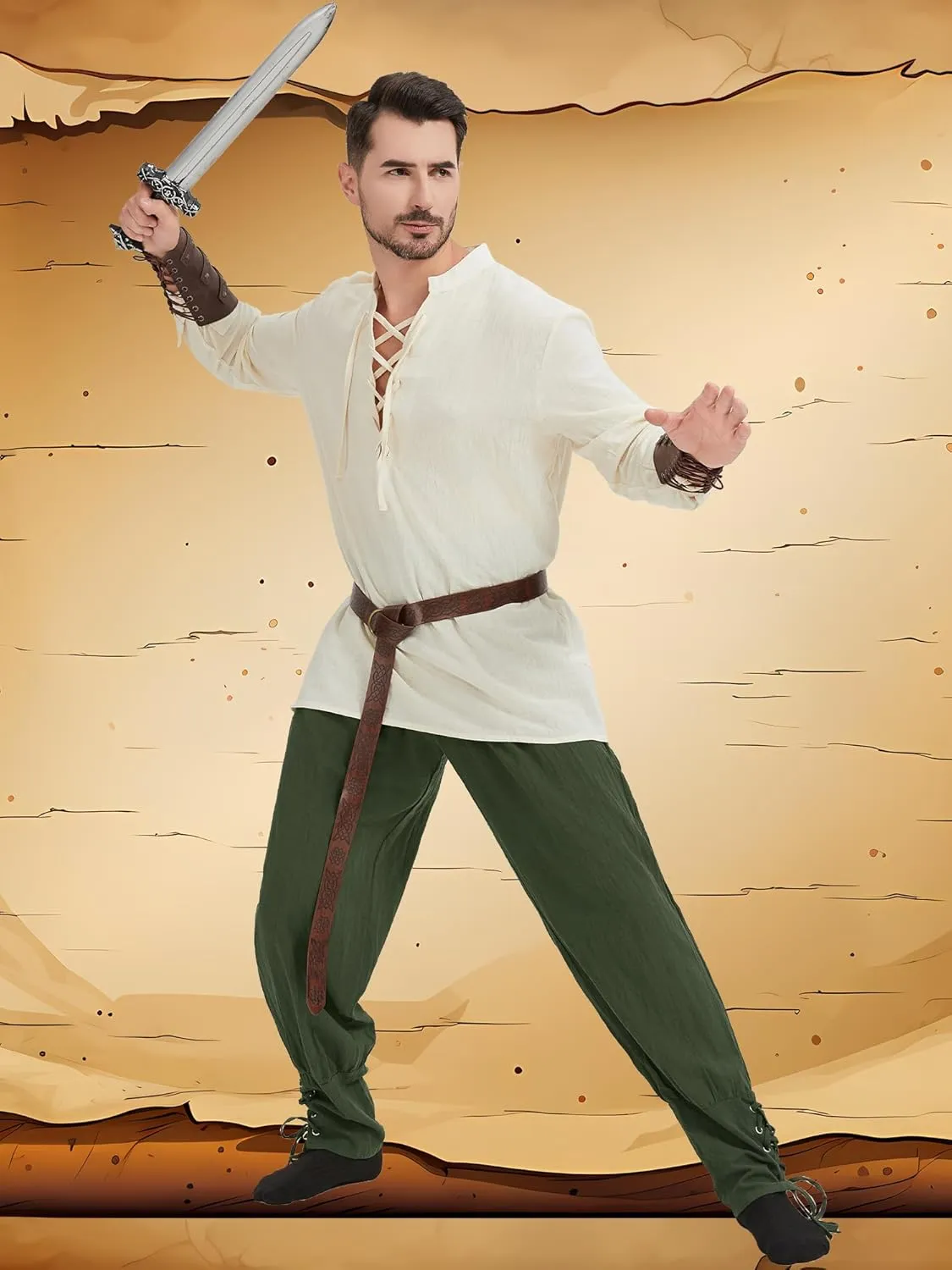 5 Pcs Men's Renaissance Costume Viking Costume Medieval Pirate Vintage Shirt Ankle Banded Pants Accessories Set