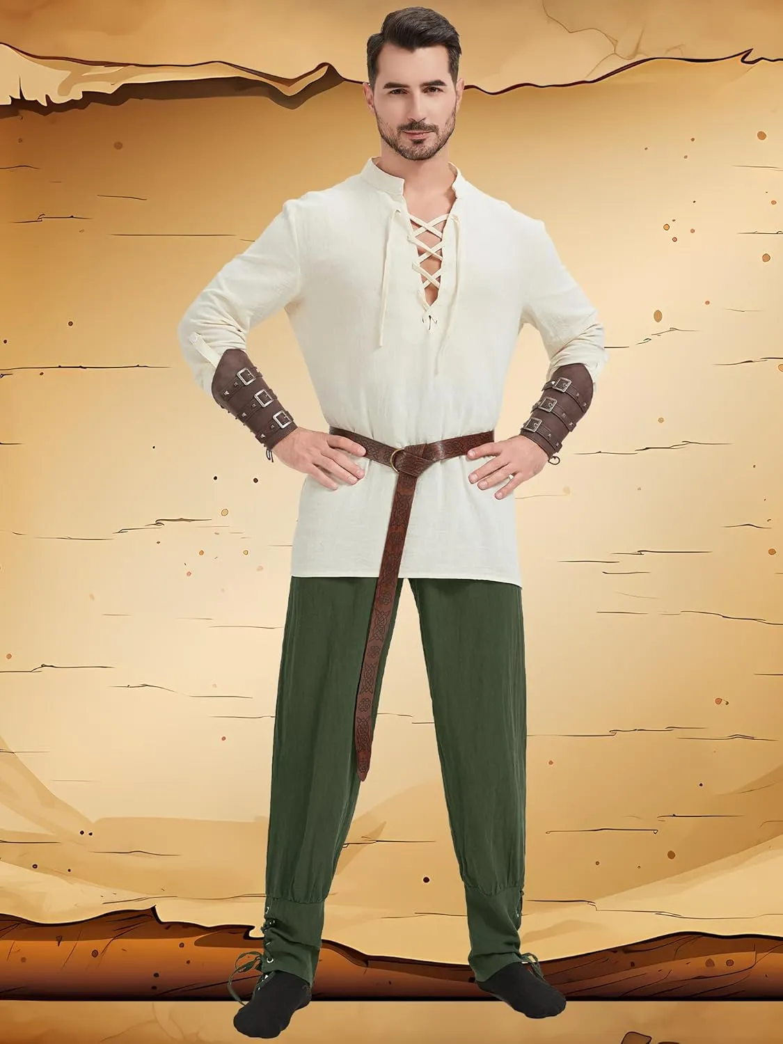 5 Pcs Men's Renaissance Costume Viking Costume Medieval Pirate Vintage Shirt Ankle Banded Pants Accessories Set