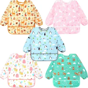 Accmor 5 Pack Long Sleeve Baby Bibs, Waterproof Sleeved Bib Smock for Baby Toddler 6-36 Months