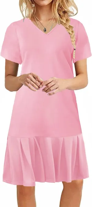 Alaster Queen Women’s 2025 Summer T Shirt Pleated Dress Short Sleeve Casual Swing Tunic Dress with Pockets