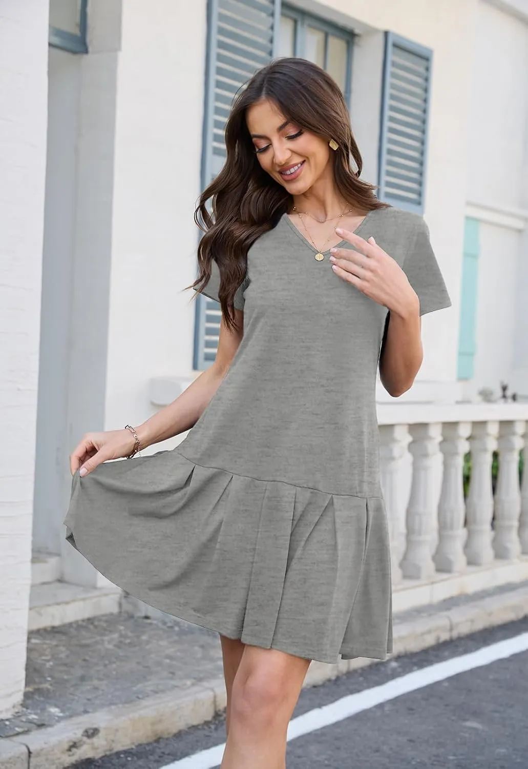 Alaster Queen Women’s 2025 Summer T Shirt Pleated Dress Short Sleeve Casual Swing Tunic Dress with Pockets