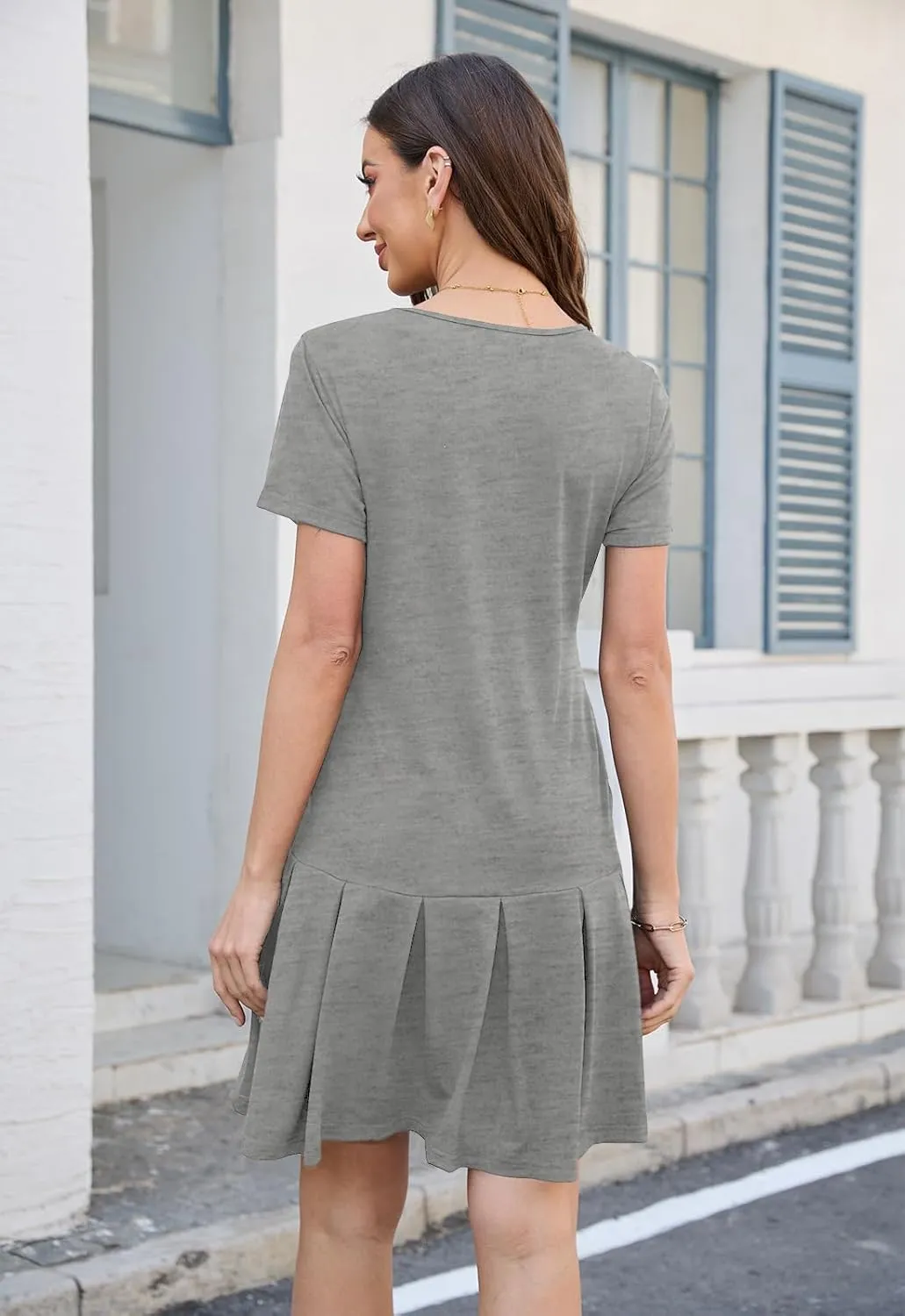 Alaster Queen Women’s 2025 Summer T Shirt Pleated Dress Short Sleeve Casual Swing Tunic Dress with Pockets