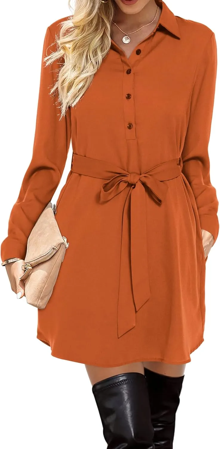 Amoretu Womens Shirt Dresses Long Sleeve Button up Work Dress with Pockets