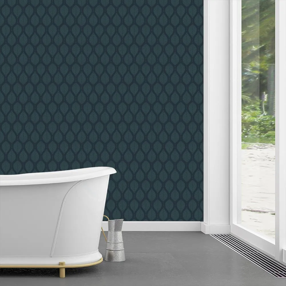 Art Deco Beech Leaves with Dots - Gunmetal Gray Dark Green - Dark Academia Geometric Botanical Design