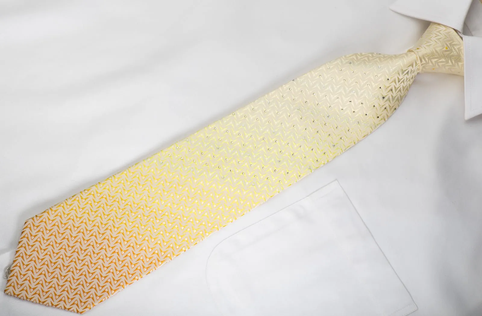 Austin Reed Rhinestone Silk Necktie Geometric Chevron On Yellow Orange With Silver Sparkles