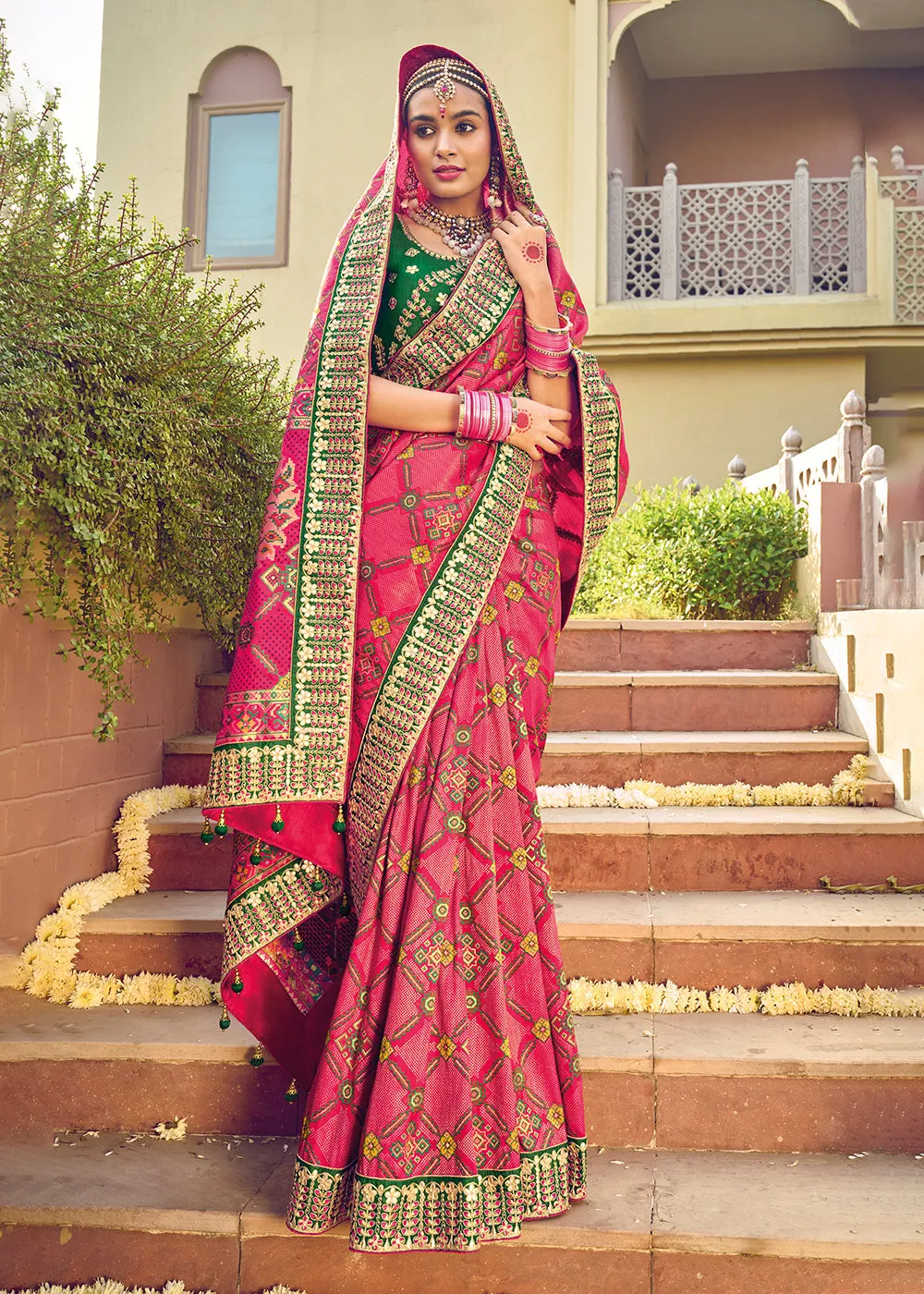 Bandhej Patola Pure Silk Pink Wedding Traditional Saree