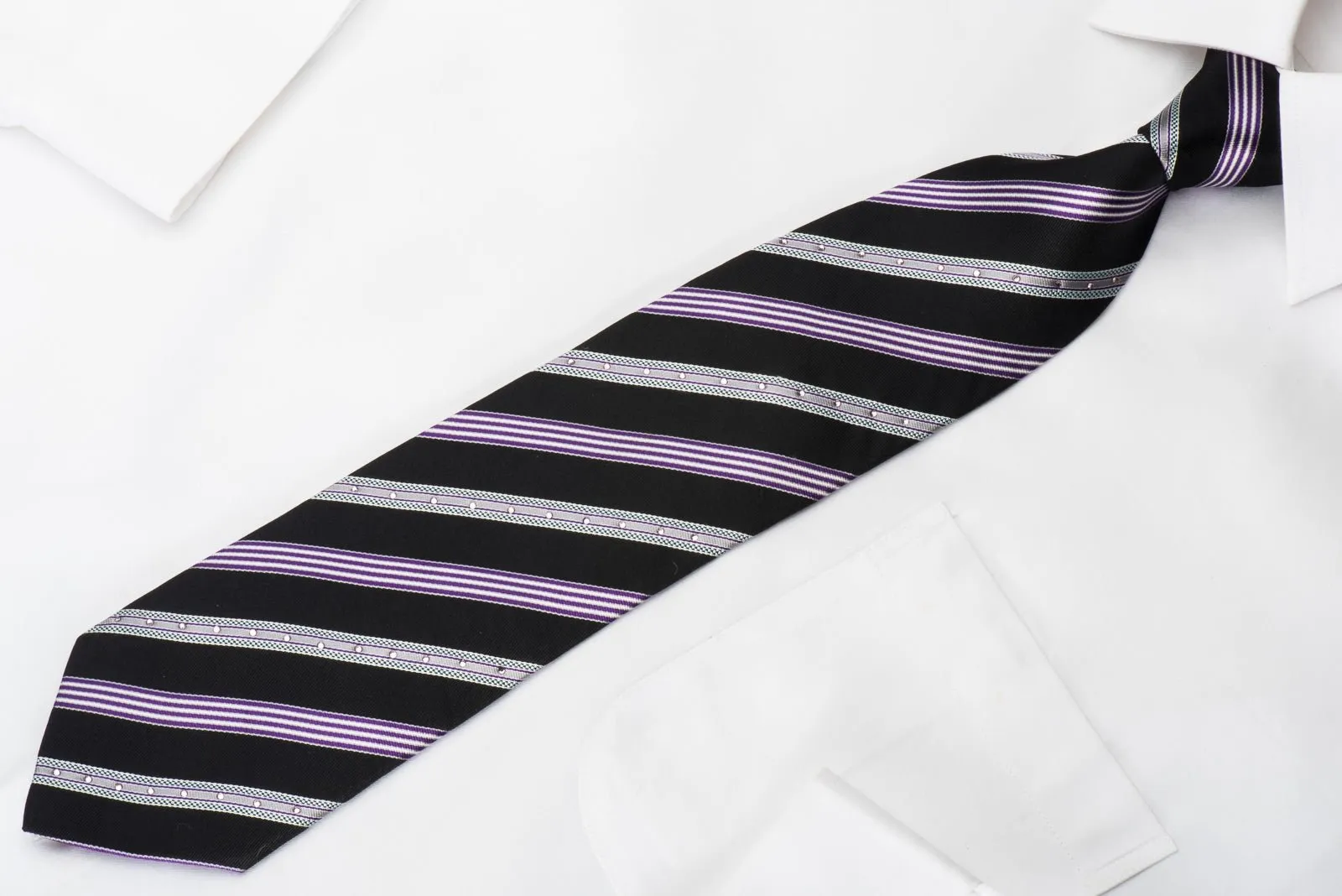 Basic Elle Men's Silk Necktie Stripes On Black Sparkling With Rhinestones