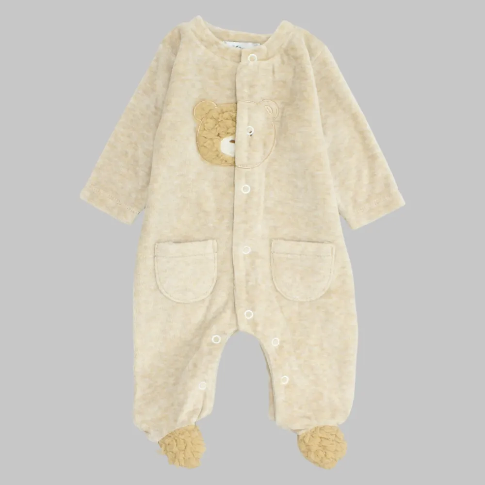 Bear Head Long-Sleeved Fleeced Baby Footie