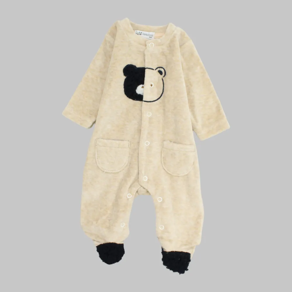 Bear Head Long-Sleeved Fleeced Baby Footie