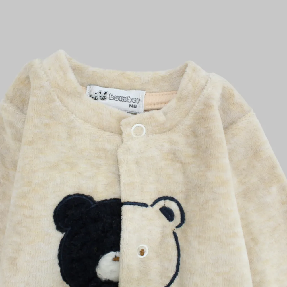 Bear Head Long-Sleeved Fleeced Baby Footie