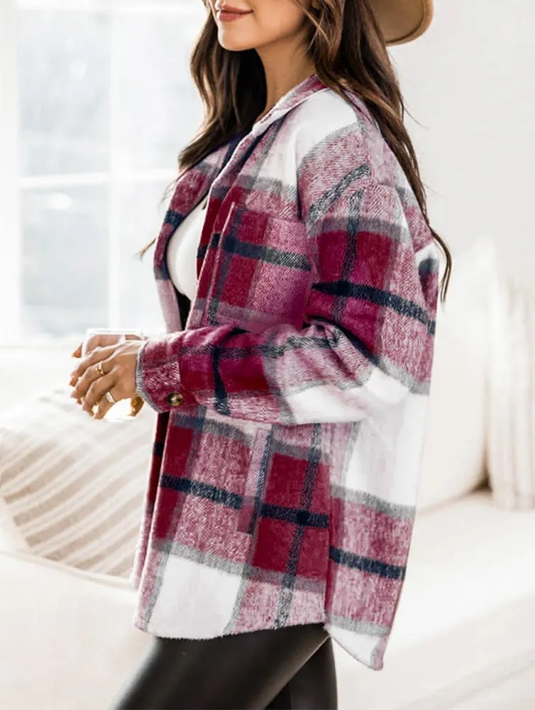 Beaully Women's 2024 Fall Clothes Plaid Shacket Jacket Long Sleeve Button Down Flannel Shirts Fashion Jacket