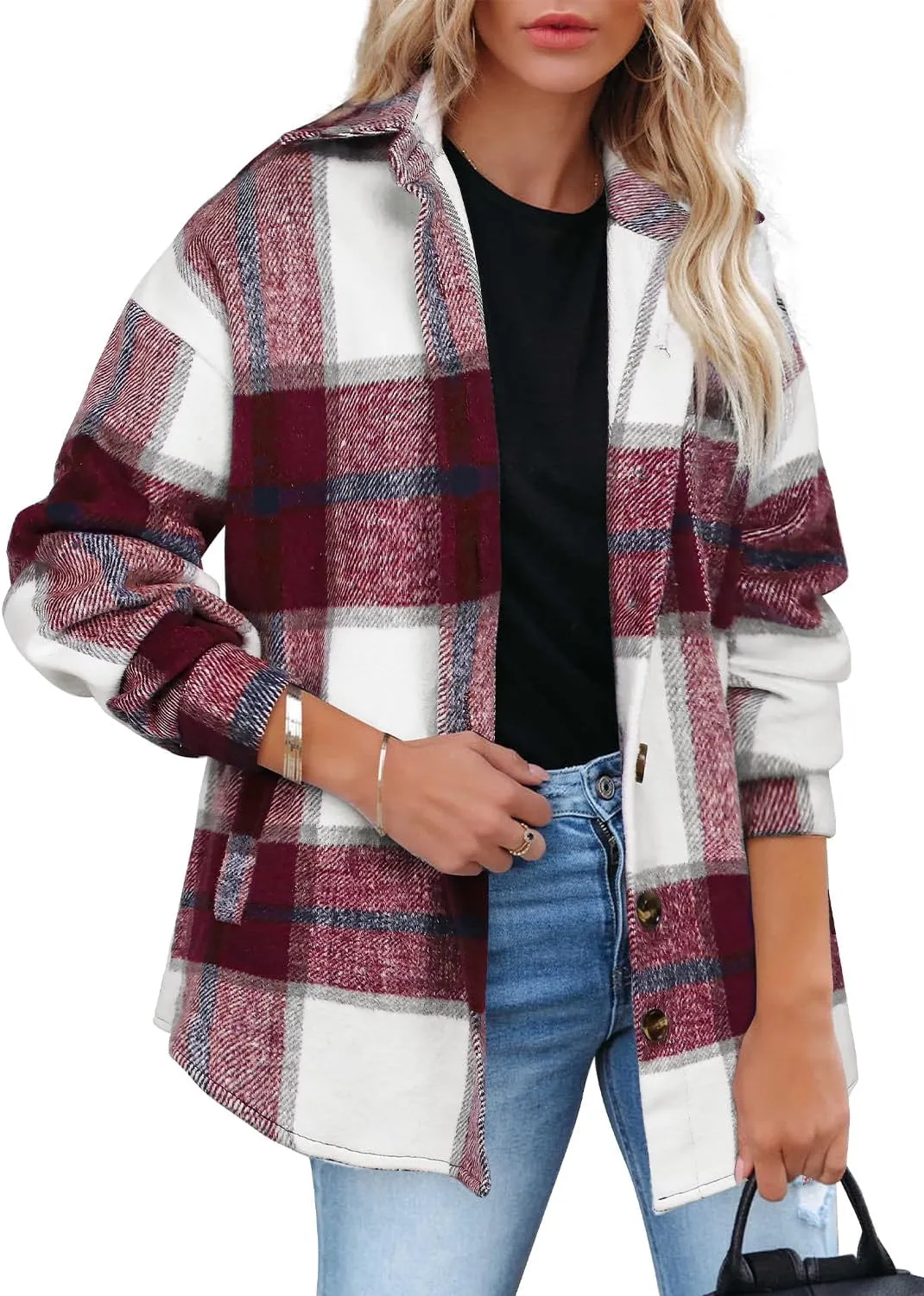 Beaully Women's 2024 Fall Clothes Plaid Shacket Jacket Long Sleeve Button Down Flannel Shirts Fashion Jacket