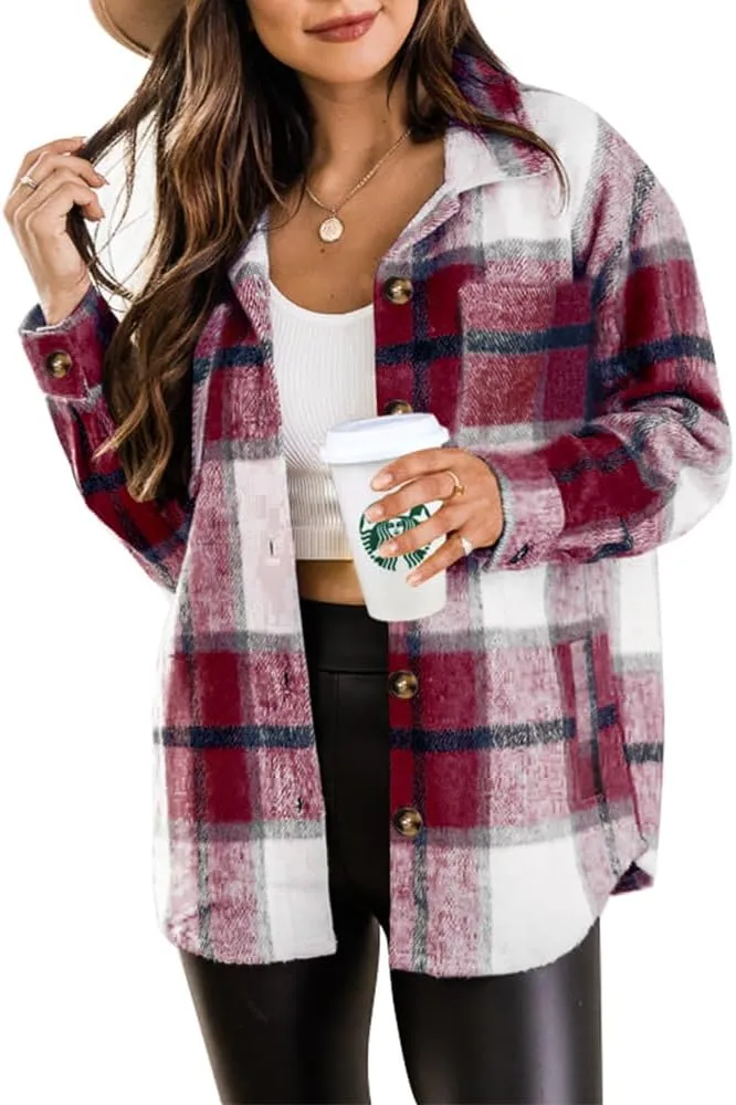 Beaully Women's 2024 Fall Clothes Plaid Shacket Jacket Long Sleeve Button Down Flannel Shirts Fashion Jacket