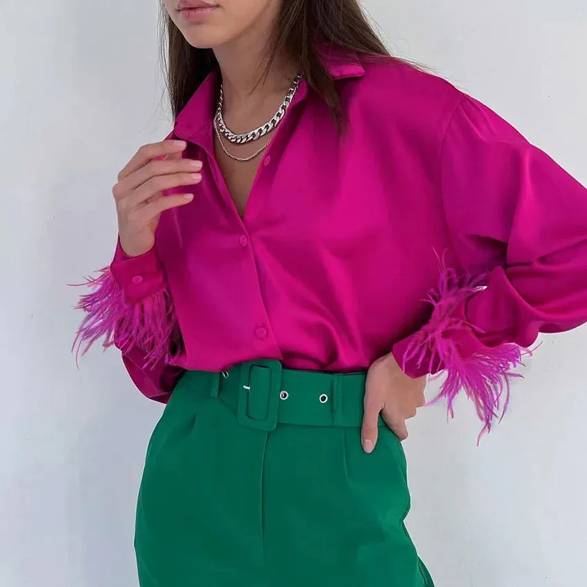 Black Button Up Feather Patchwork Long Sleeve Green Satin Office Lady Business Work Top Blouse