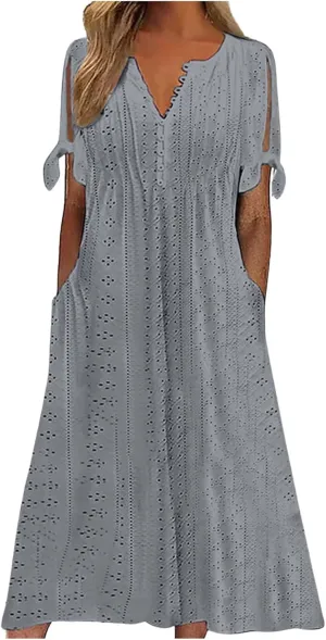 Boho Eyelet Maxi Dress for Women Casual Vintage V Neck Half Sleeve Loose Fit Flowy Swing Long Dresses with Pockets