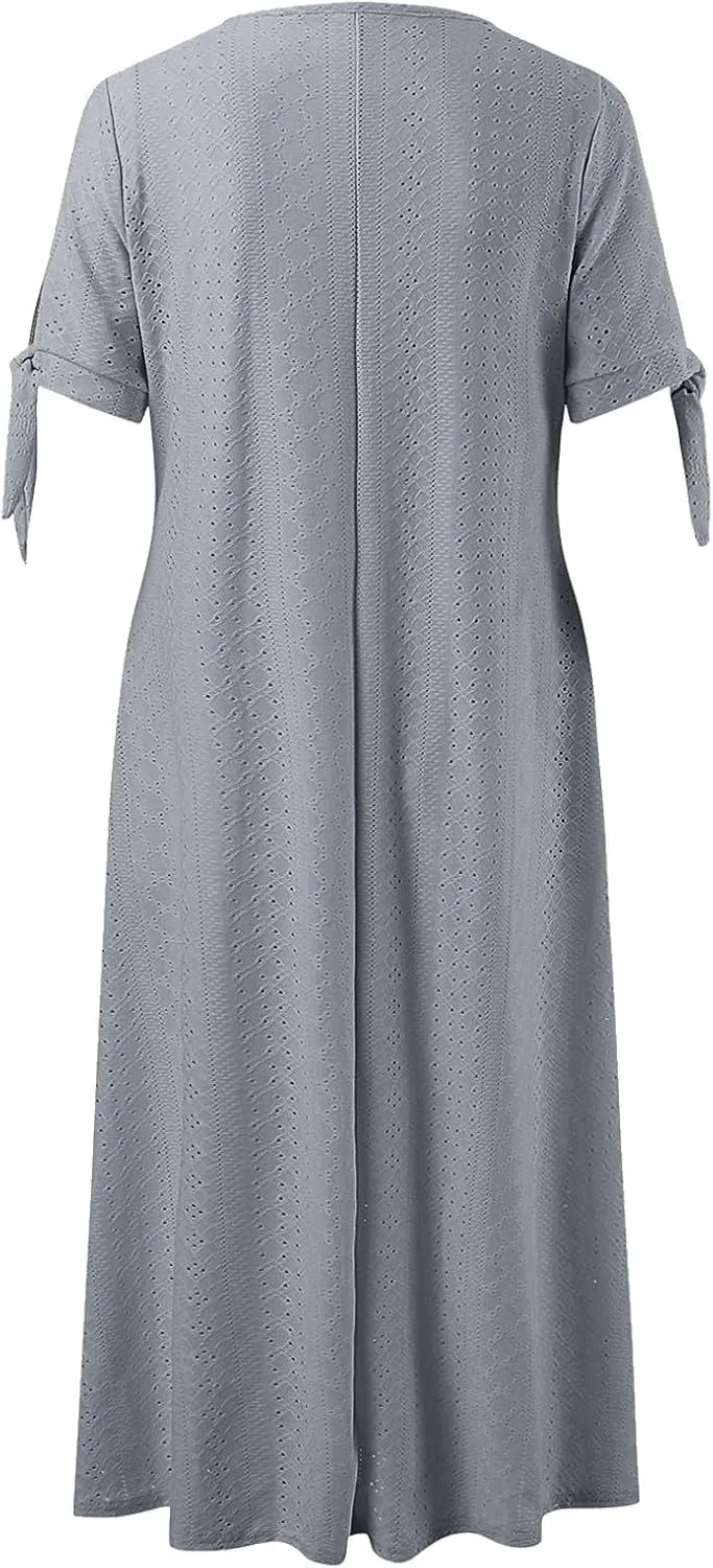 Boho Eyelet Maxi Dress for Women Casual Vintage V Neck Half Sleeve Loose Fit Flowy Swing Long Dresses with Pockets