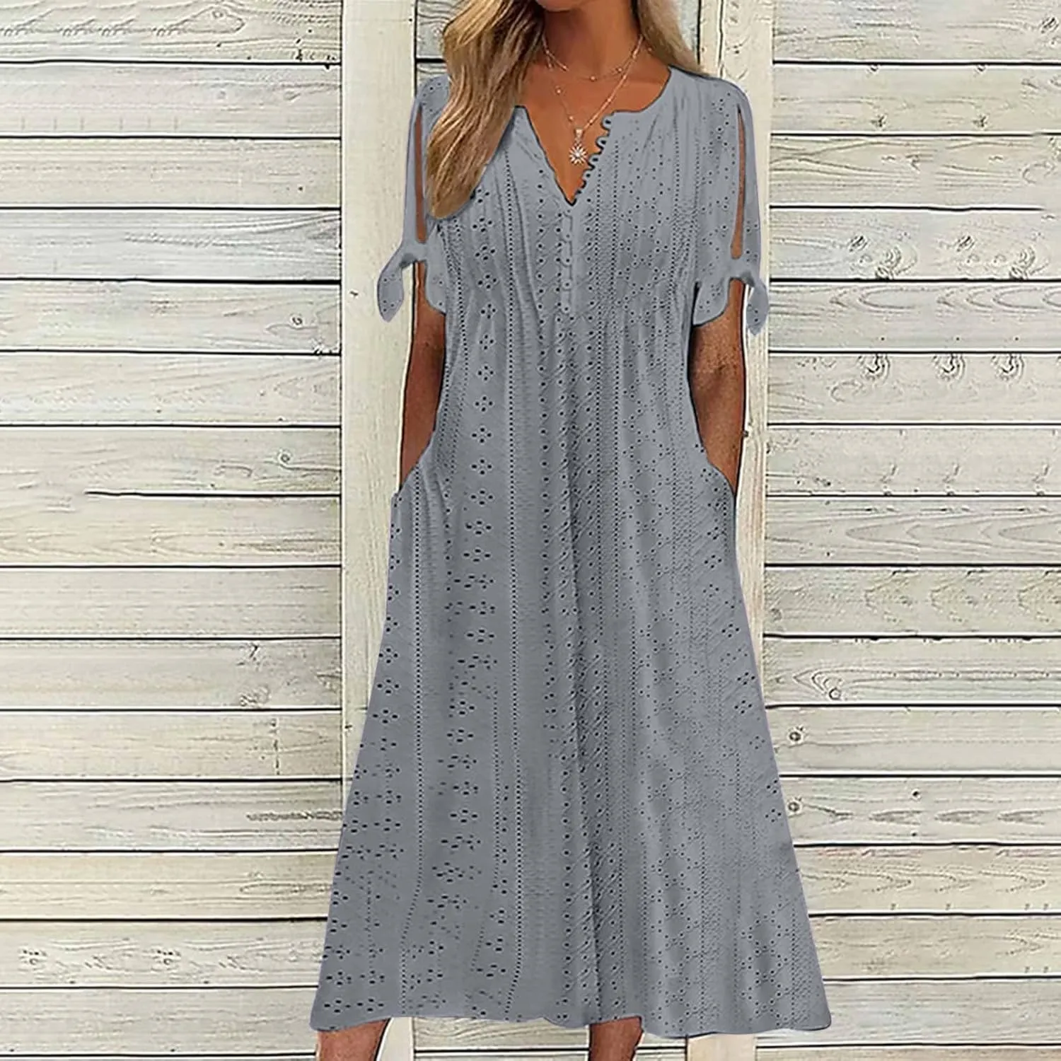 Boho Eyelet Maxi Dress for Women Casual Vintage V Neck Half Sleeve Loose Fit Flowy Swing Long Dresses with Pockets
