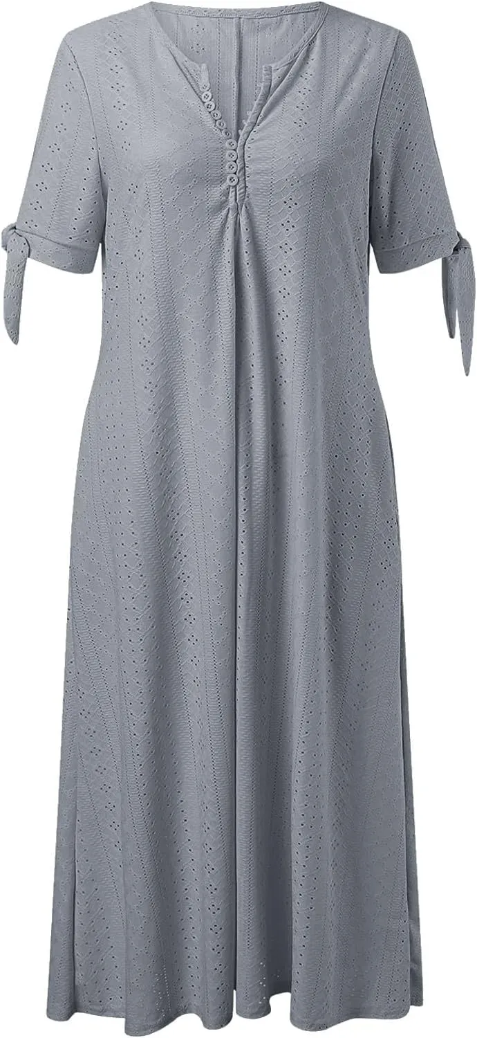 Boho Eyelet Maxi Dress for Women Casual Vintage V Neck Half Sleeve Loose Fit Flowy Swing Long Dresses with Pockets