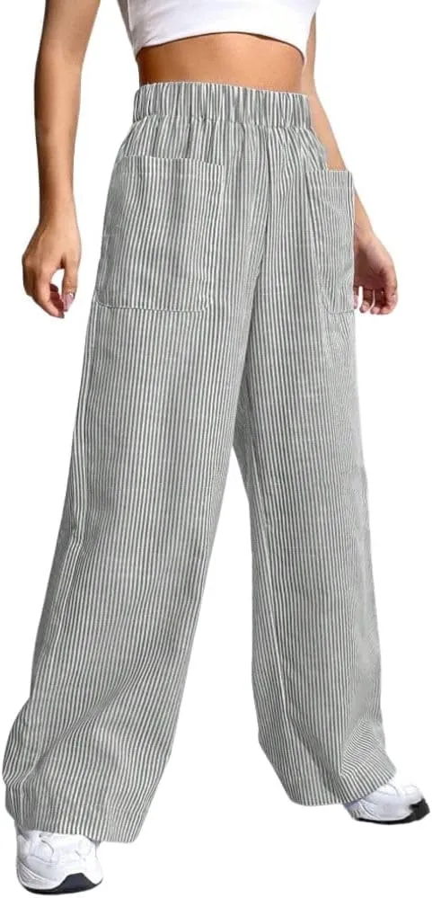 chouyatou Women's Casual Striped Wide Leg Pants Plaid Elastic Waist Palazzo Pants with Pockets