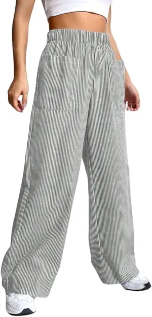 chouyatou Women's Casual Striped Wide Leg Pants Plaid Elastic Waist Palazzo Pants with Pockets