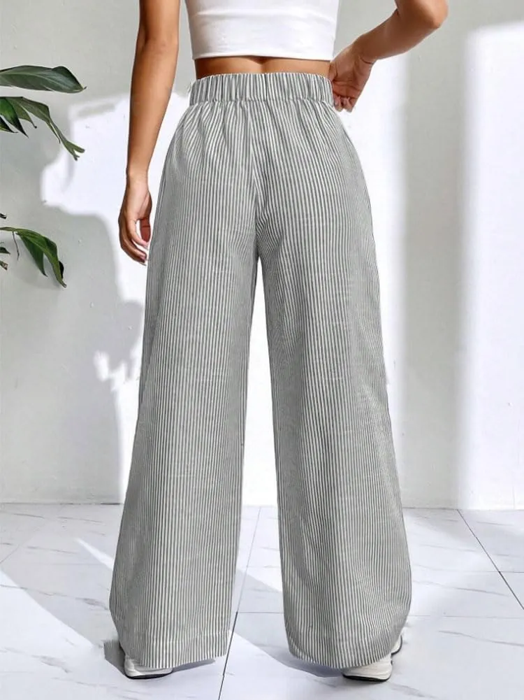 chouyatou Women's Casual Striped Wide Leg Pants Plaid Elastic Waist Palazzo Pants with Pockets