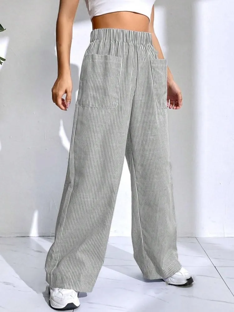 chouyatou Women's Casual Striped Wide Leg Pants Plaid Elastic Waist Palazzo Pants with Pockets