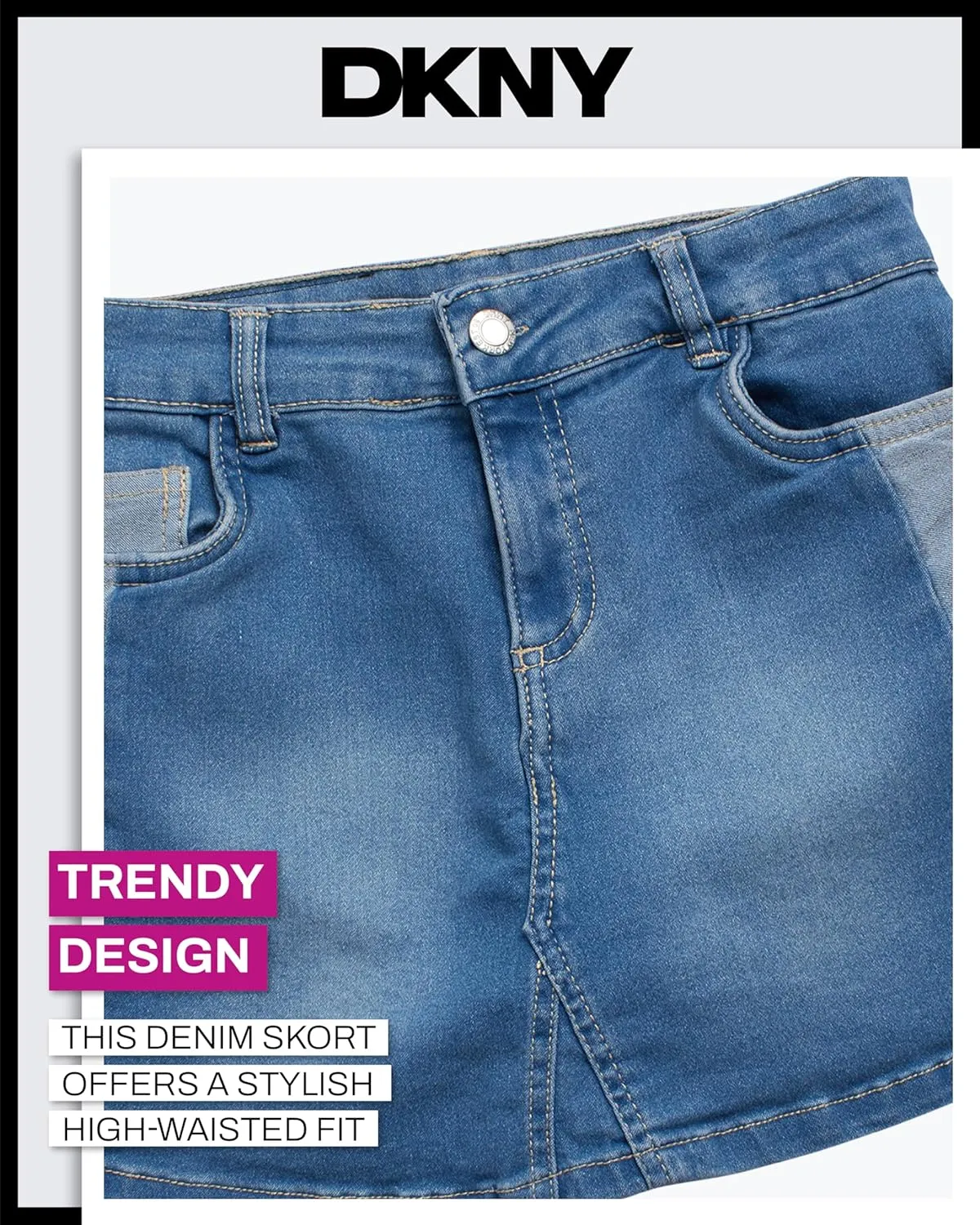 DKNY Girls' Denim Skort - High-Waisted Casual Everyday Mini Skort Skirts for Girls with Pockets (Sizes: 7-16)