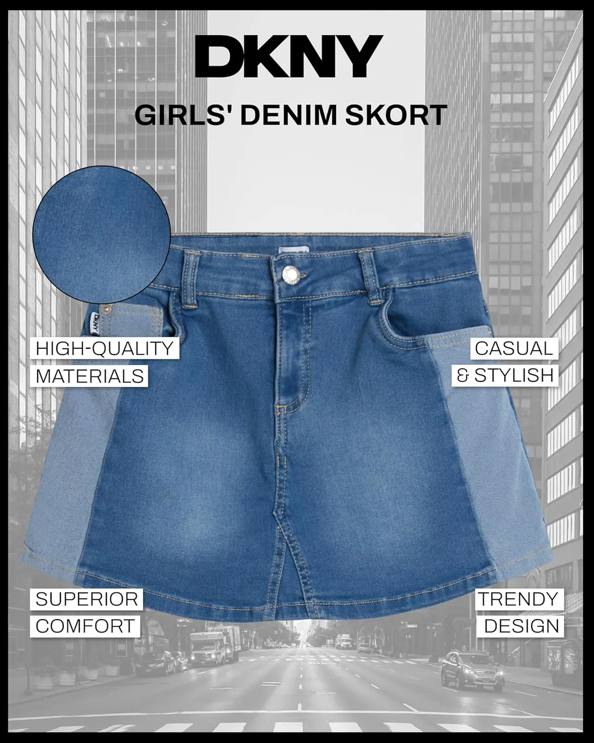 DKNY Girls' Denim Skort - High-Waisted Casual Everyday Mini Skort Skirts for Girls with Pockets (Sizes: 7-16)