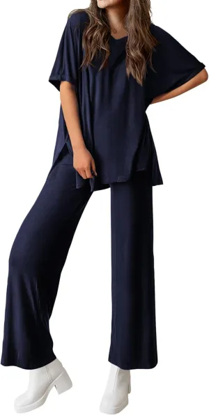 dowerme Summer Outfits For Women 2025 Casual 2 Piece Lounge Wear Pullover Top Wide Leg Pant Sets Beach Vacation Clothes