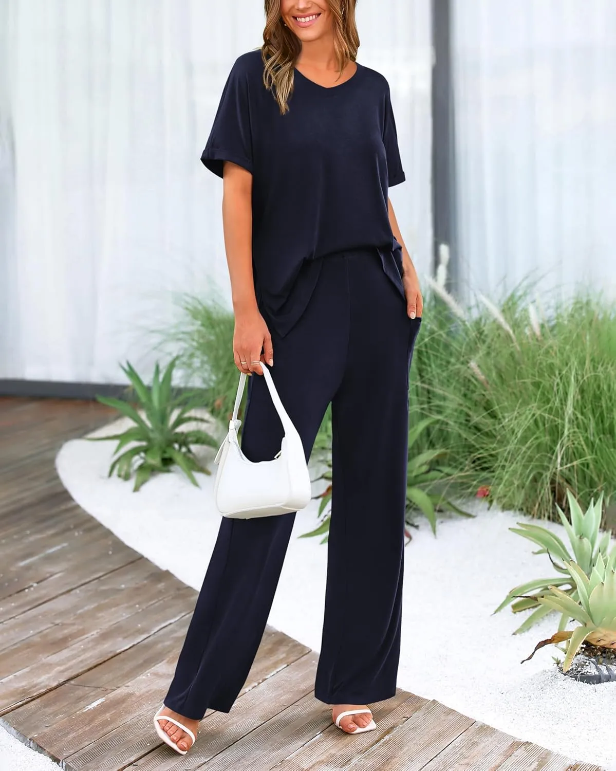 dowerme Summer Outfits For Women 2025 Casual 2 Piece Lounge Wear Pullover Top Wide Leg Pant Sets Beach Vacation Clothes