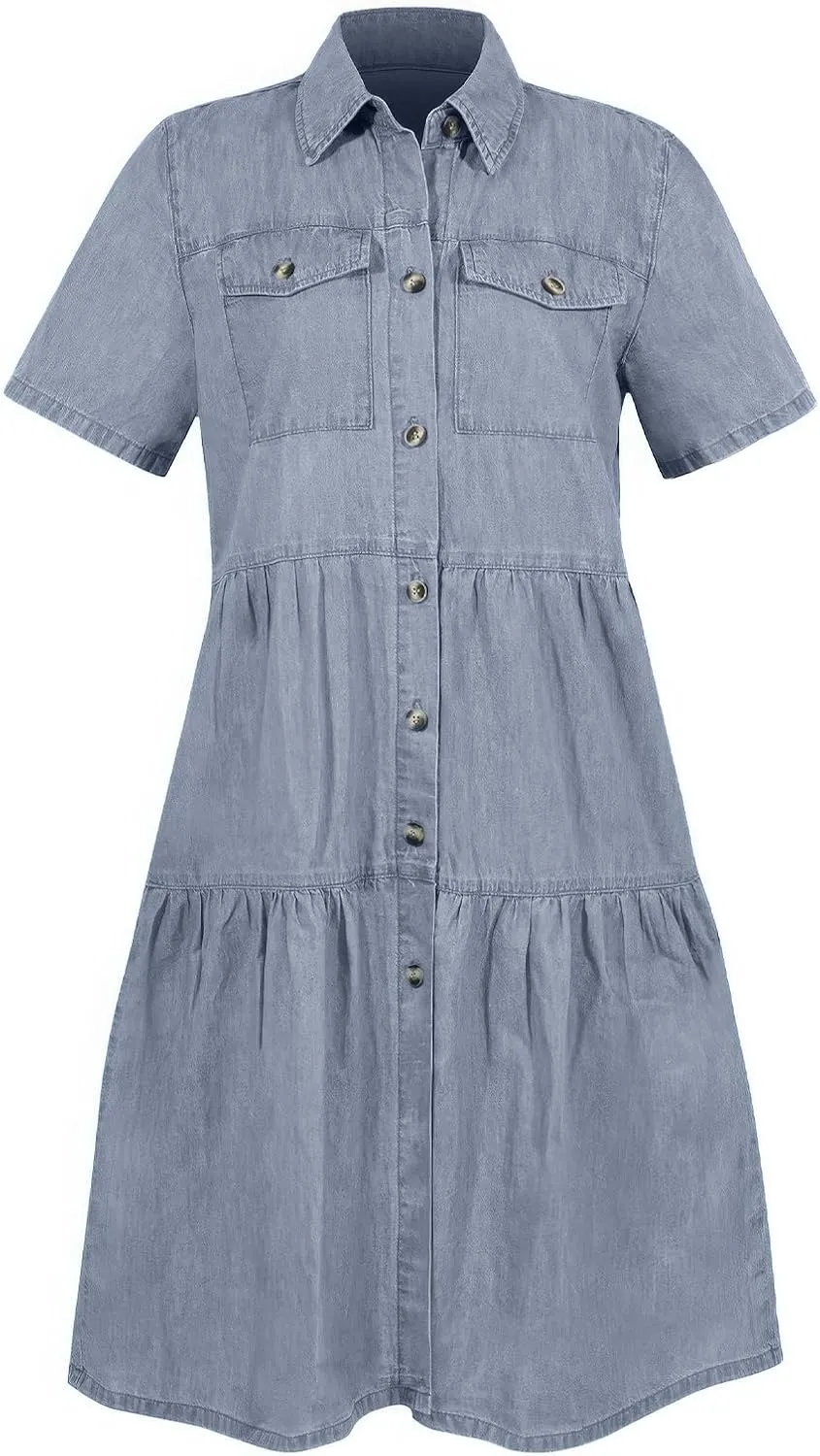 ebossy Women's Casual Short Sleeved Denim Shirt Dress Turn Down Collar Button Up Knee Length Tiered Jean Dress