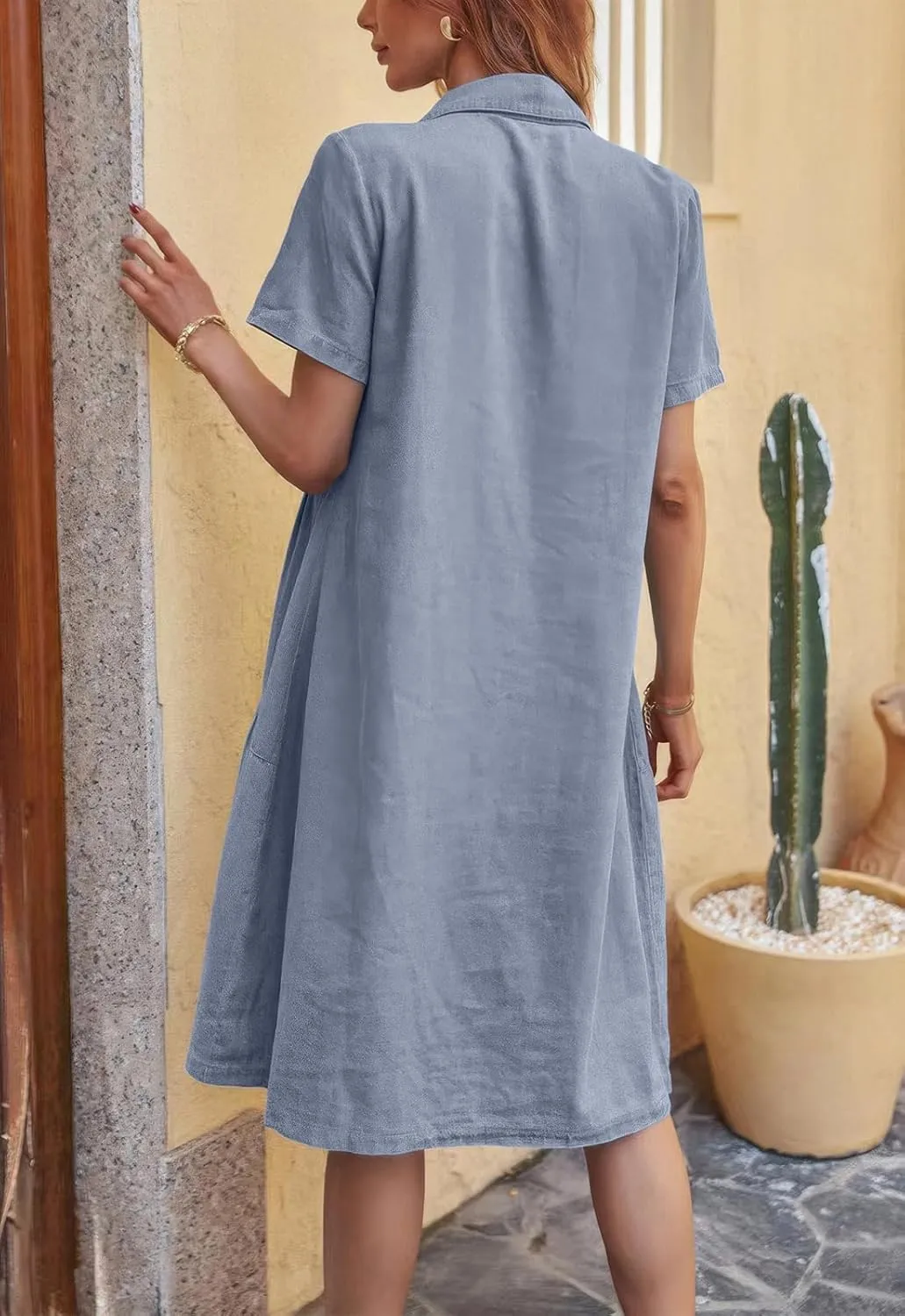 ebossy Women's Casual Short Sleeved Denim Shirt Dress Turn Down Collar Button Up Knee Length Tiered Jean Dress