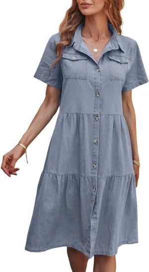 ebossy Women's Casual Short Sleeved Denim Shirt Dress Turn Down Collar Button Up Knee Length Tiered Jean Dress