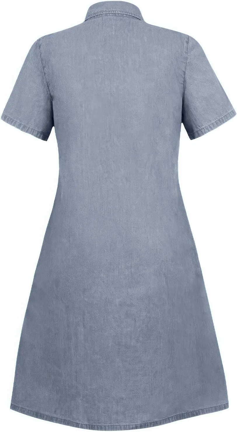 ebossy Women's Casual Short Sleeved Denim Shirt Dress Turn Down Collar Button Up Knee Length Tiered Jean Dress