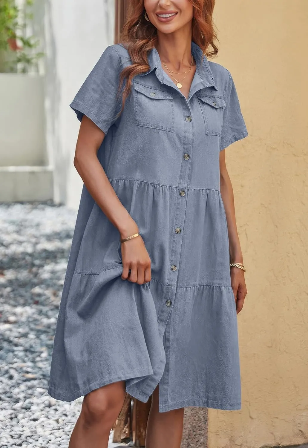 ebossy Women's Casual Short Sleeved Denim Shirt Dress Turn Down Collar Button Up Knee Length Tiered Jean Dress