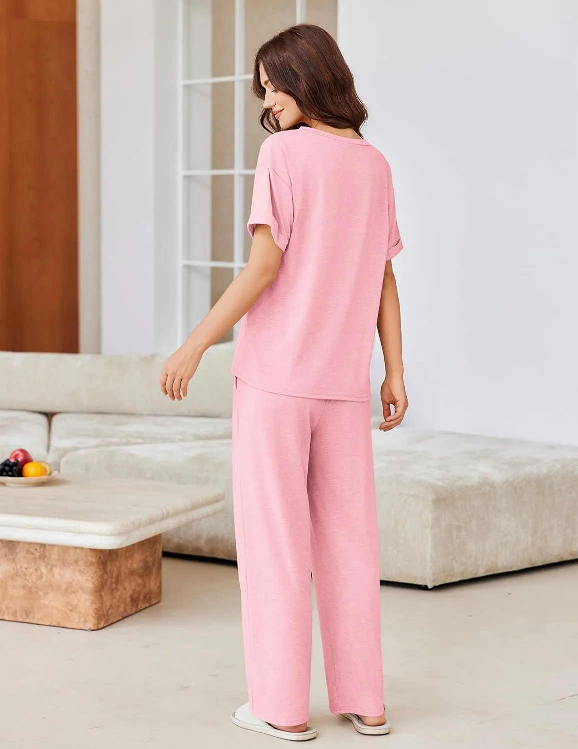 Ekouaer Pajamas for Women Set 2 Piece Short Sleeve Tops with Long Pants V Neck Soft Pjs Casual Lounge Set with Pockets