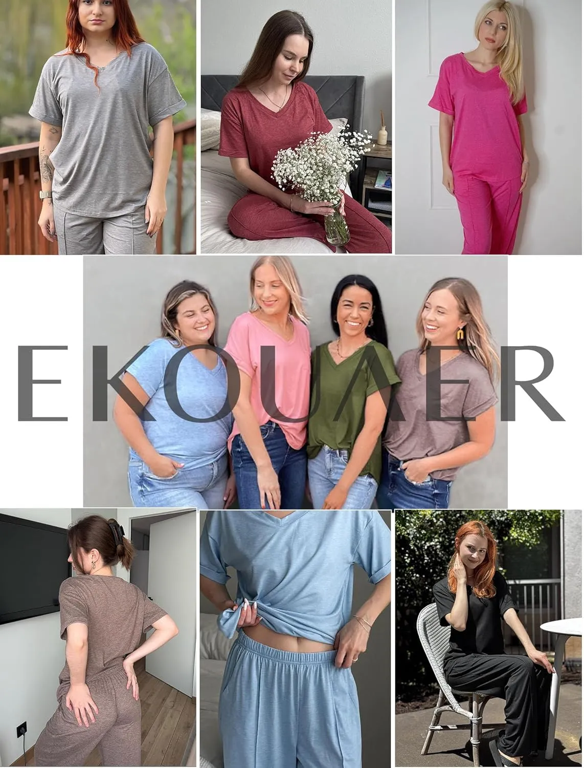 Ekouaer Pajamas for Women Set 2 Piece Short Sleeve Tops with Long Pants V Neck Soft Pjs Casual Lounge Set with Pockets