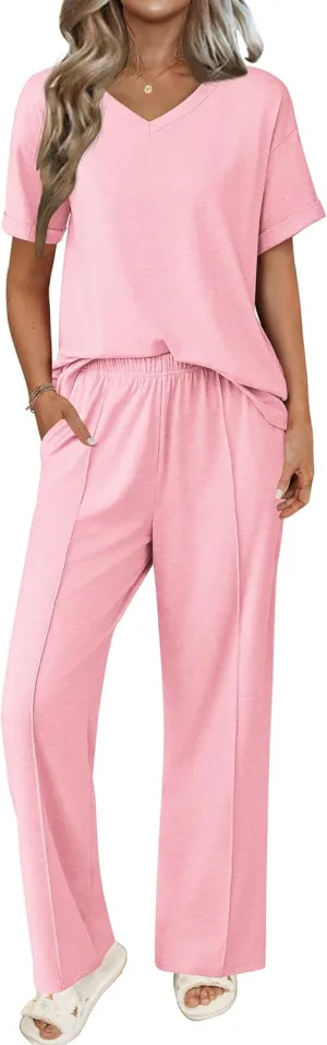Ekouaer Pajamas for Women Set 2 Piece Short Sleeve Tops with Long Pants V Neck Soft Pjs Casual Lounge Set with Pockets