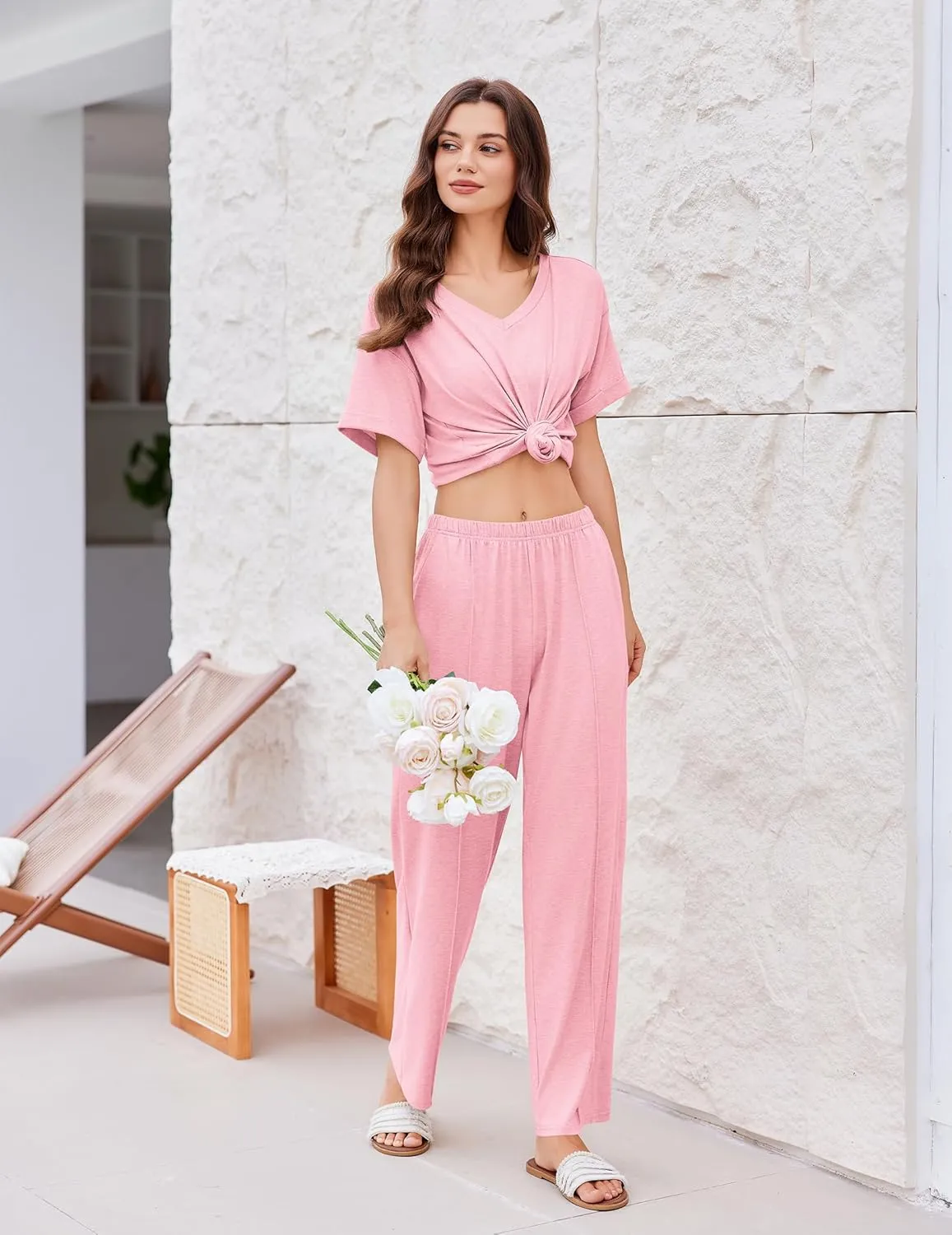 Ekouaer Pajamas for Women Set 2 Piece Short Sleeve Tops with Long Pants V Neck Soft Pjs Casual Lounge Set with Pockets
