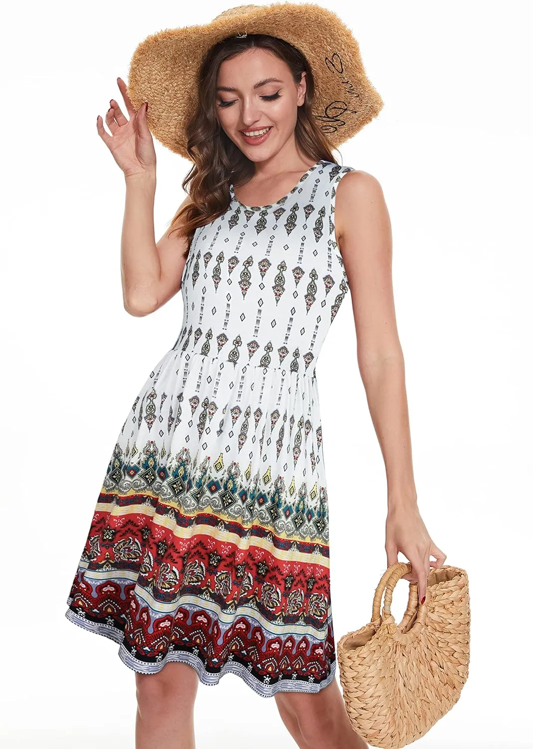 elescat Summer Dresses for Women Casual Sleeveless Tshirt Beach Flowy Tank Sundresses with Pockets