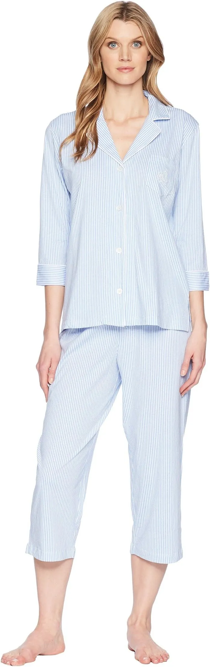 Essentials Bingham Knits LAUREN Ralph Lauren Capri Pajama Set in French Blue Stripe