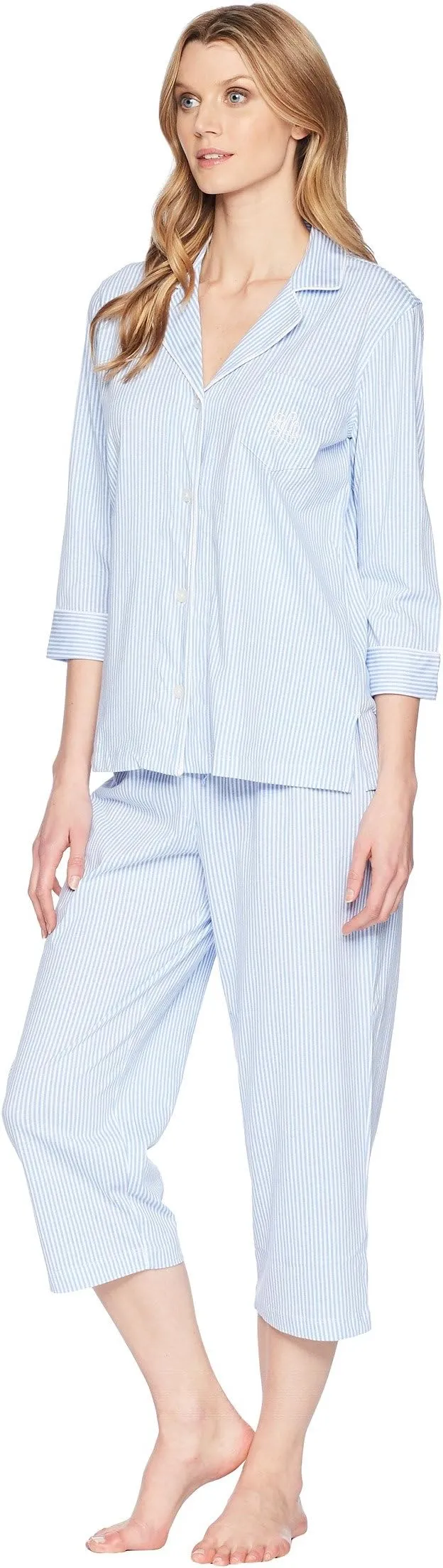 Essentials Bingham Knits LAUREN Ralph Lauren Capri Pajama Set in French Blue Stripe