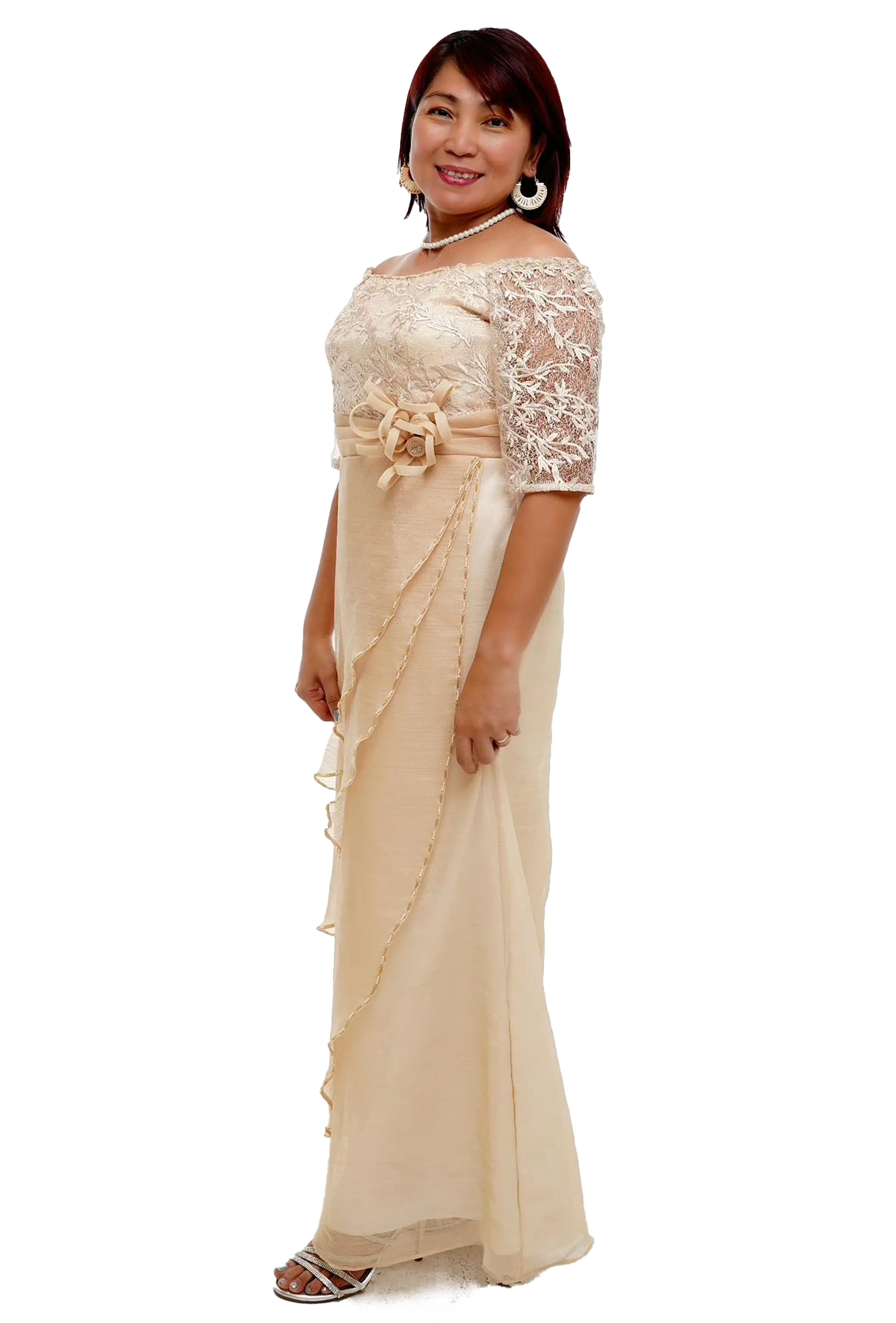 Full Lace Top Beige Modern Filipiniana Dress  - Claudia - MR6
