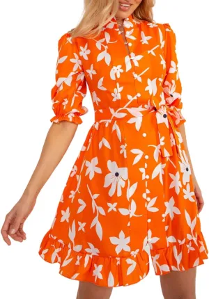 futurino Women Single Breasted A-line Dress, Floral Printed Boho Style Lantern Short Sleeve with Belt Summer Dress