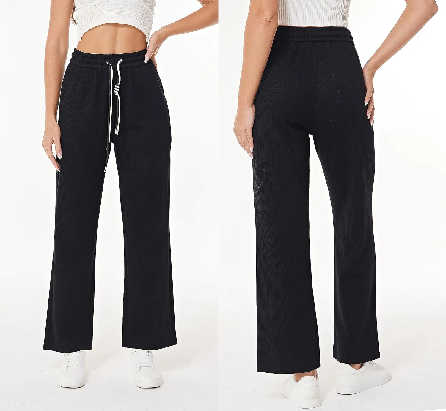 heipeiwa Women's Knit Cashmere Wool Blend Rib Wide Leg Flowy Fall Winter Thermal Sweater Pants Trouser