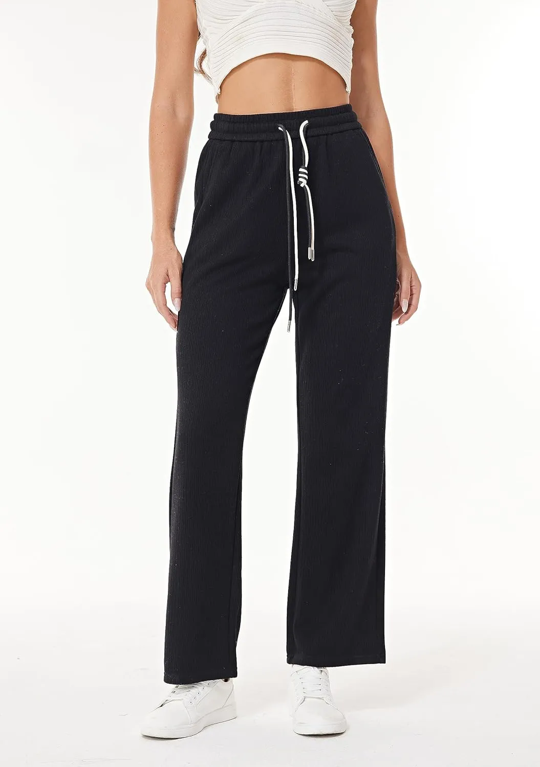 heipeiwa Women's Knit Cashmere Wool Blend Rib Wide Leg Flowy Fall Winter Thermal Sweater Pants Trouser