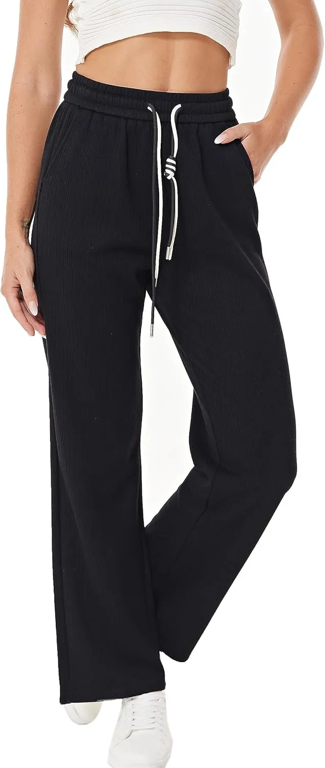 heipeiwa Women's Knit Cashmere Wool Blend Rib Wide Leg Flowy Fall Winter Thermal Sweater Pants Trouser