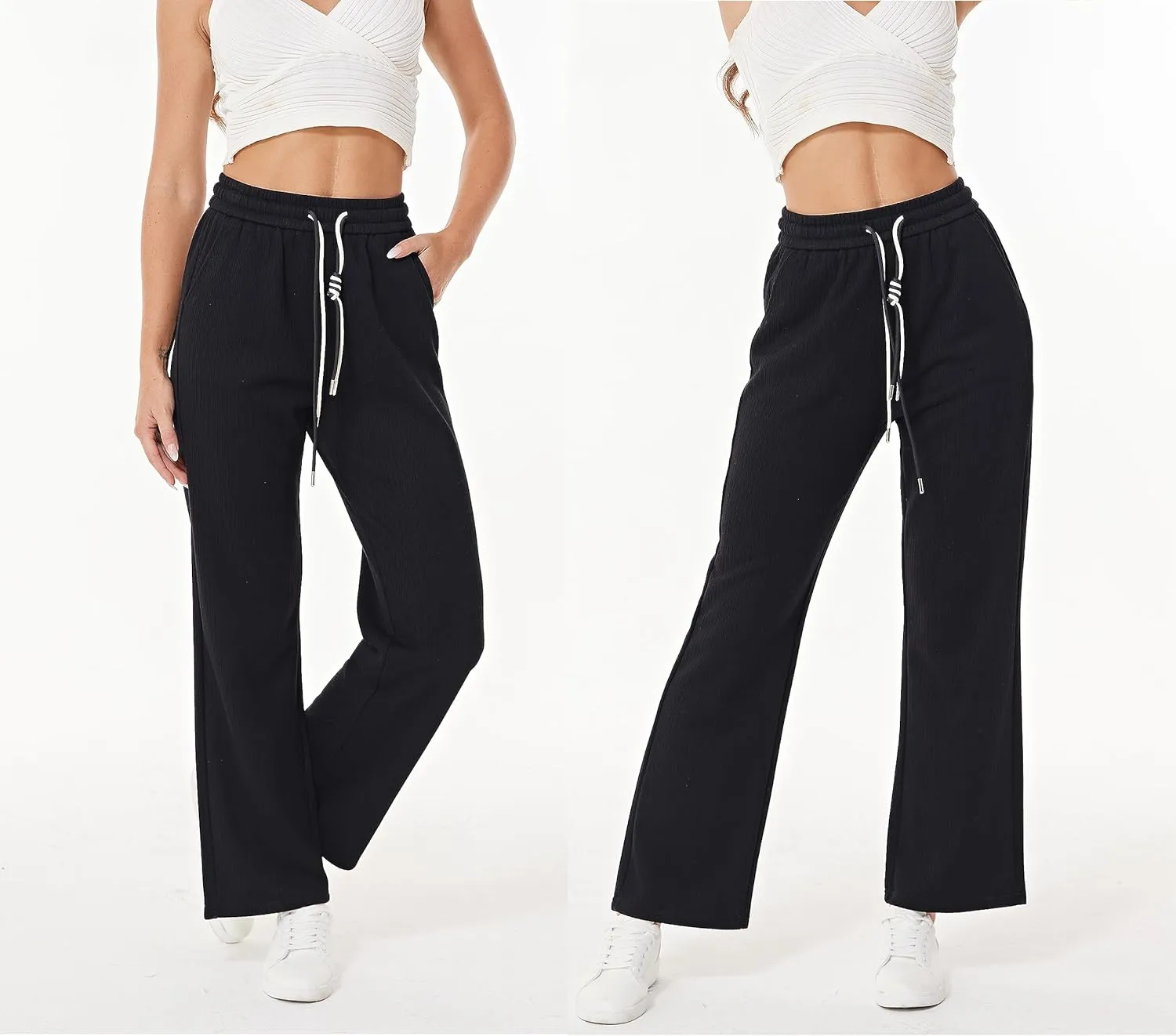 heipeiwa Women's Knit Cashmere Wool Blend Rib Wide Leg Flowy Fall Winter Thermal Sweater Pants Trouser